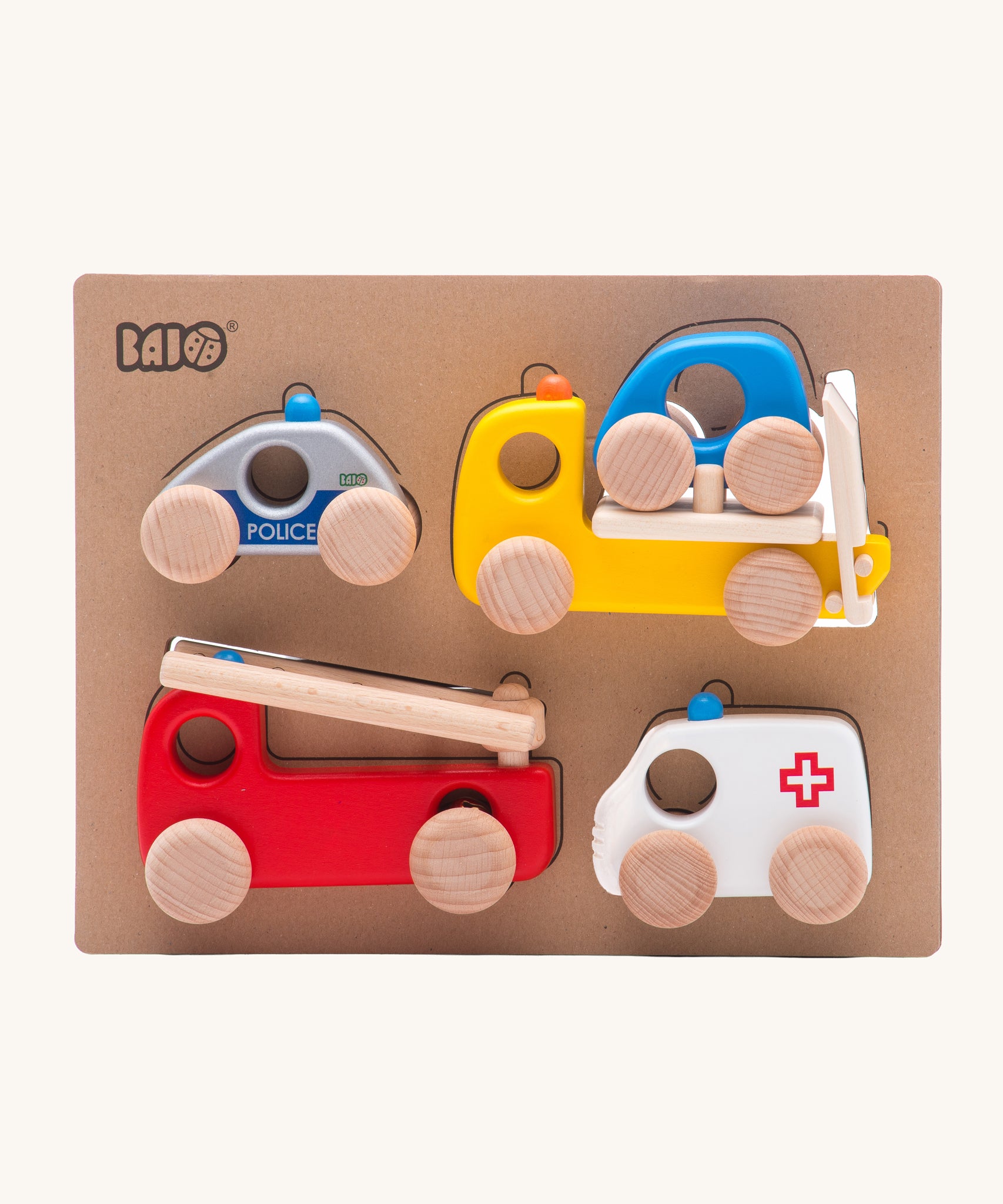 Bajo emergency vehicle wooden toy car set. A set of 4 emergency vehicles that includes a police car, car transporter with car, fire engine and ambulance. These heirloom quality toys by Bajo are part of a wide range of wooden toys available here at Babipur. 