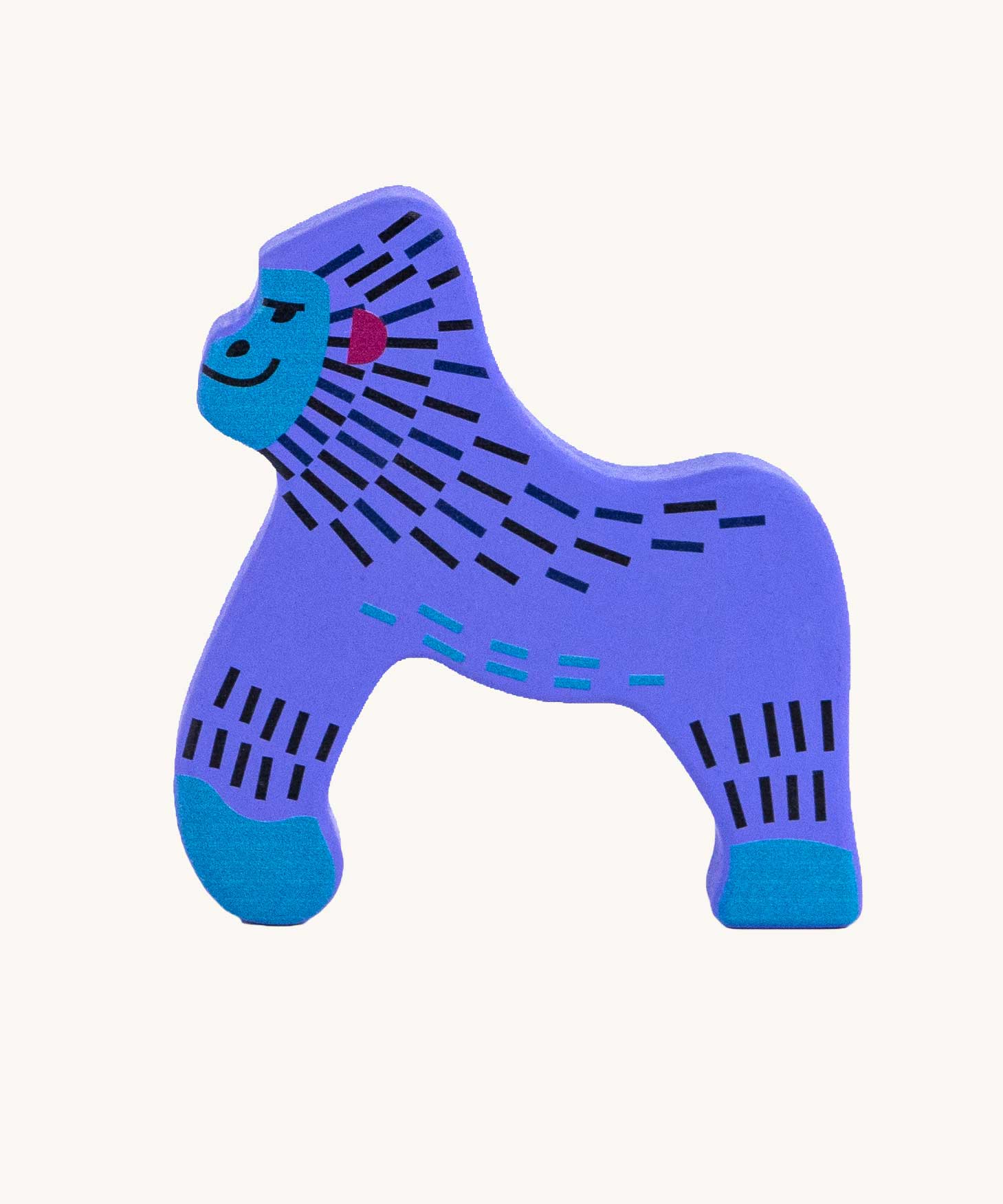 Bajo gorilla Endangered Animals wooden toy Figure. A purple painted, gorilla shaped wooden figure decorated with a geometric style pattern. These heirloom quality toys by Bajo are part of a wide range of wooden toys available here at Babipur.
