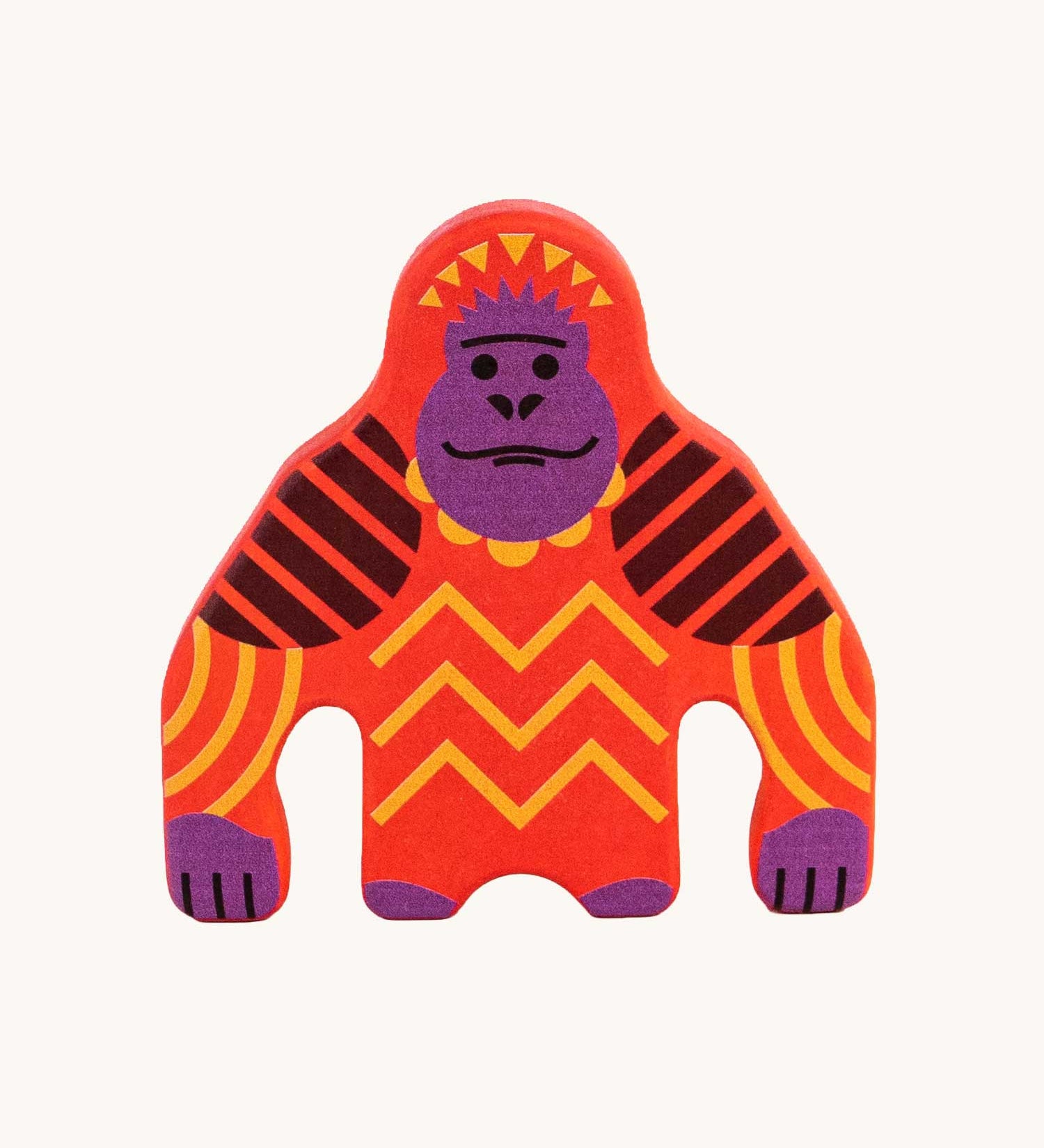 Bajo orangutan Endangered Animals wooden toy Figure. An orange coloured wooden orangutan shaped figure decorated with geometric style patterns.  These heirloom quality toys by Bajo are part of a wide range of wooden toys available here at Babipur.