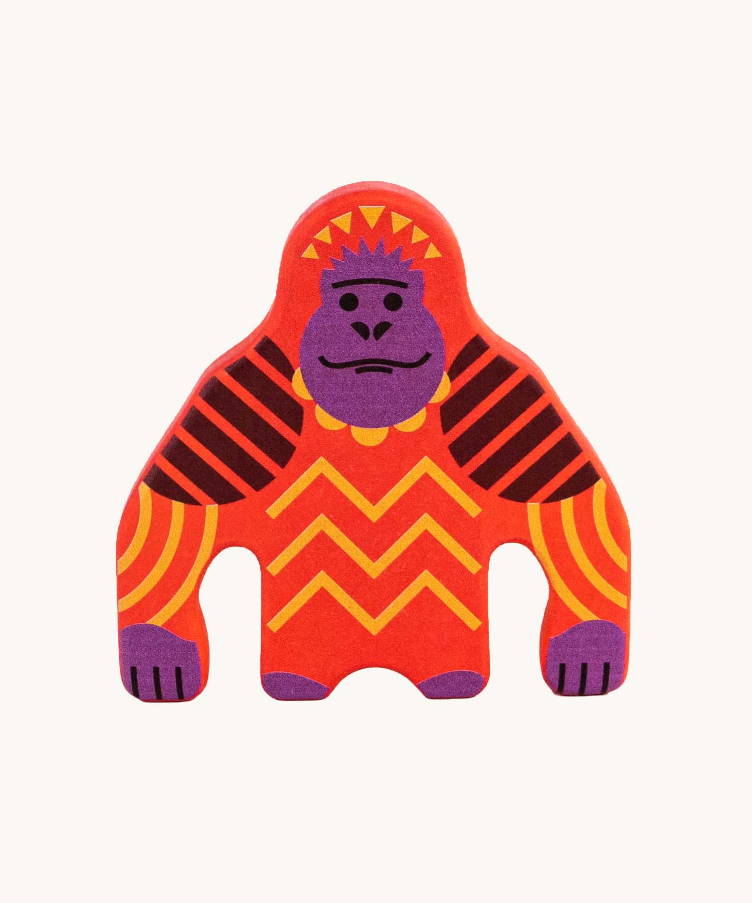 Bajo orangutan Endangered Animals wooden toy Figure. An orange coloured wooden orangutan shaped figure decorated with geometric style patterns.  These heirloom quality toys by Bajo are part of a wide range of wooden toys available here at Babipur.