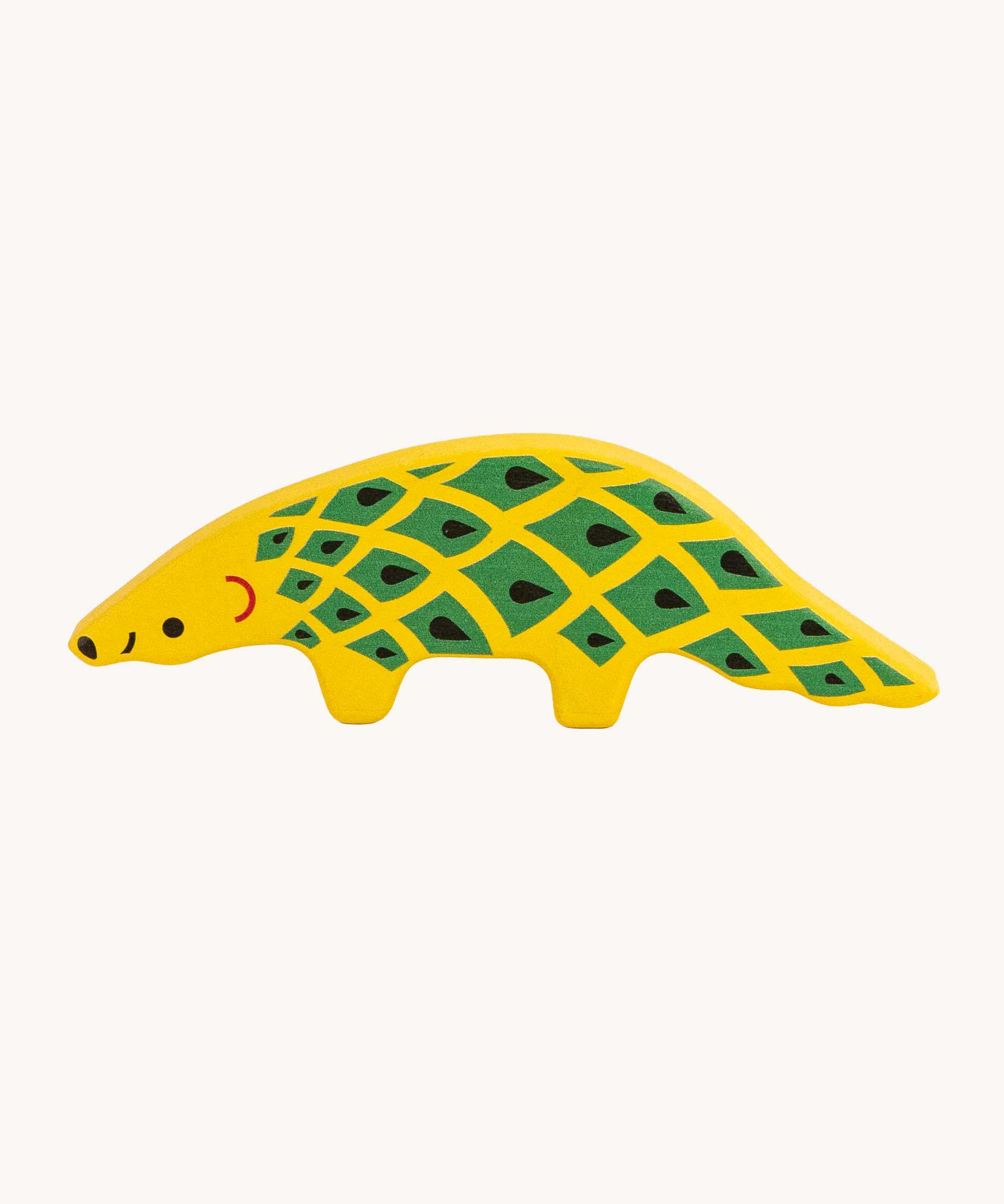 Bajo pangolin Endangered Animals wooden toy Figure. A yellow painted, pangolin shaped animal figure decorated with green and black details. These heirloom quality toys by Bajo are part of a wide range of wooden toys available here at Babipur.
