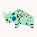 Bajo rhino Endangered Animals wooden toy Figure. A light mint green coloured painted rhino shaped figures decorated with orange blue and black coloured details.  These heirloom quality toys by Bajo are part of a wide range of wooden toys available here at Babipur.
