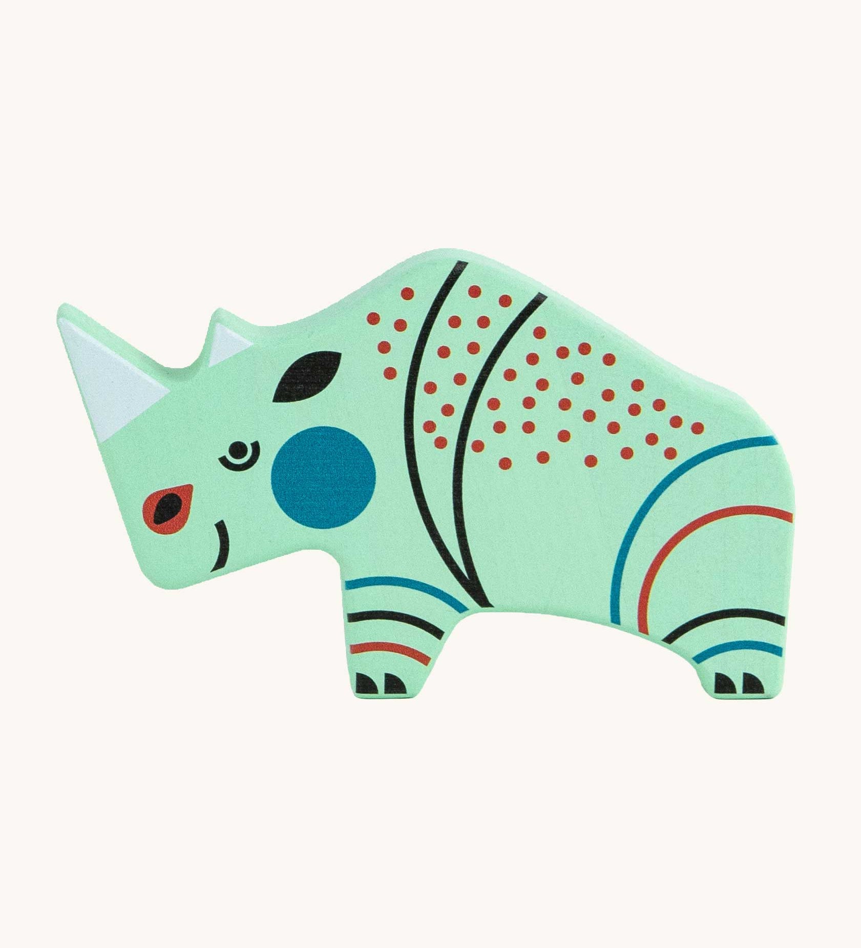 Bajo rhino Endangered Animals wooden toy Figure. A light mint green coloured painted rhino shaped figures decorated with orange blue and black coloured details.  These heirloom quality toys by Bajo are part of a wide range of wooden toys available here at Babipur.

