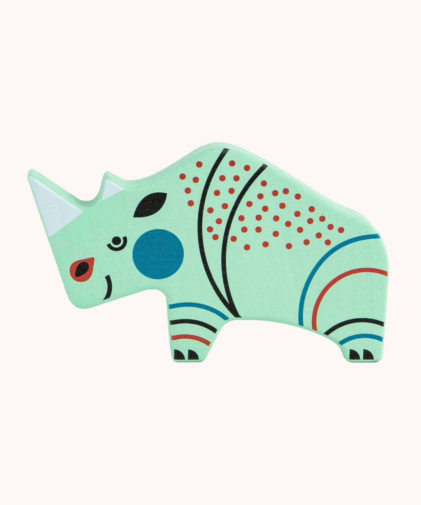 Bajo rhino Endangered Animals wooden toy Figure. A light mint green coloured painted rhino shaped figures decorated with orange blue and black coloured details.  These heirloom quality toys by Bajo are part of a wide range of wooden toys available here at Babipur.
