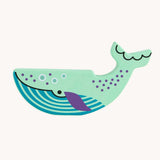 Bajo Blue Whale Endangered Animals wooden toy figure. A mint green coloured painted whale shaped wooden toy figure decorated with blue, purple and black coloured details. These heirloom quality toys by Bajo are part of a wide range of wooden toys available here at Babipur.

