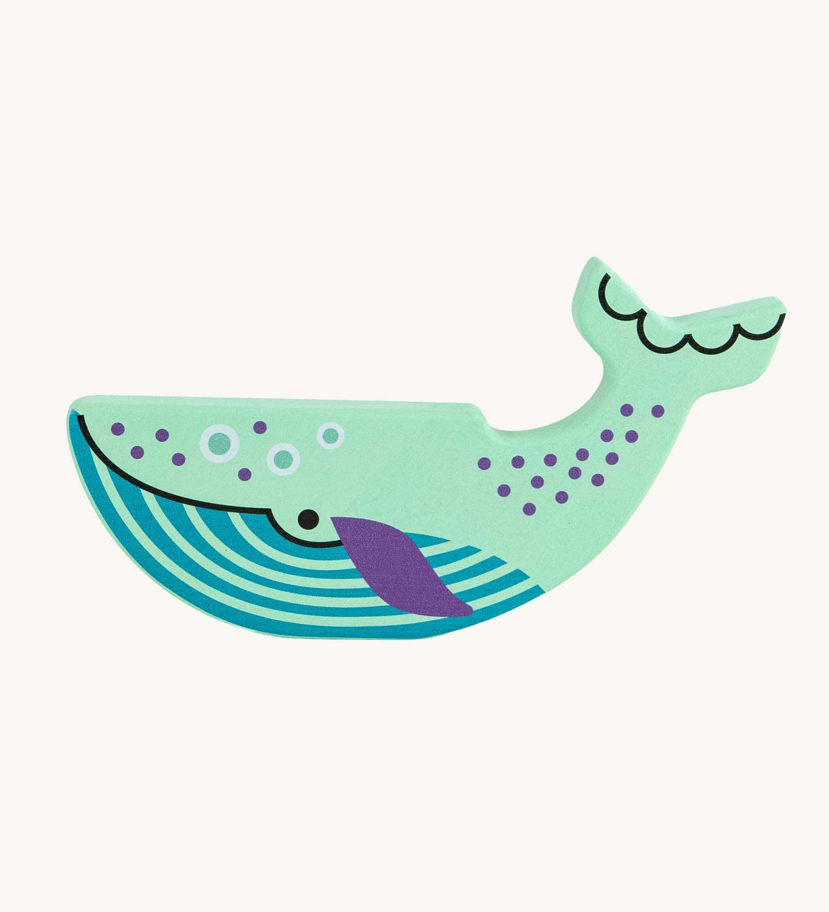 Bajo Blue Whale Endangered Animals wooden toy figure. A mint green coloured painted whale shaped wooden toy figure decorated with blue, purple and black coloured details. These heirloom quality toys by Bajo are part of a wide range of wooden toys available here at Babipur.
