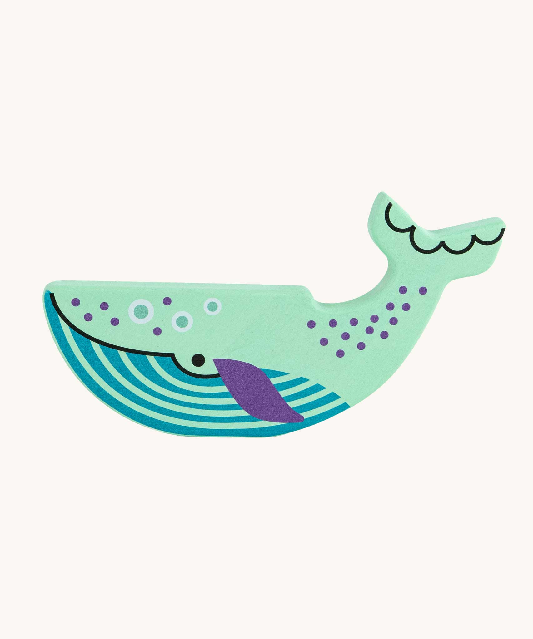 Bajo Blue Whale Endangered Animals wooden toy figure. A mint green coloured painted whale shaped wooden toy figure decorated with blue, purple and black coloured details. These heirloom quality toys by Bajo are part of a wide range of wooden toys available here at Babipur.
