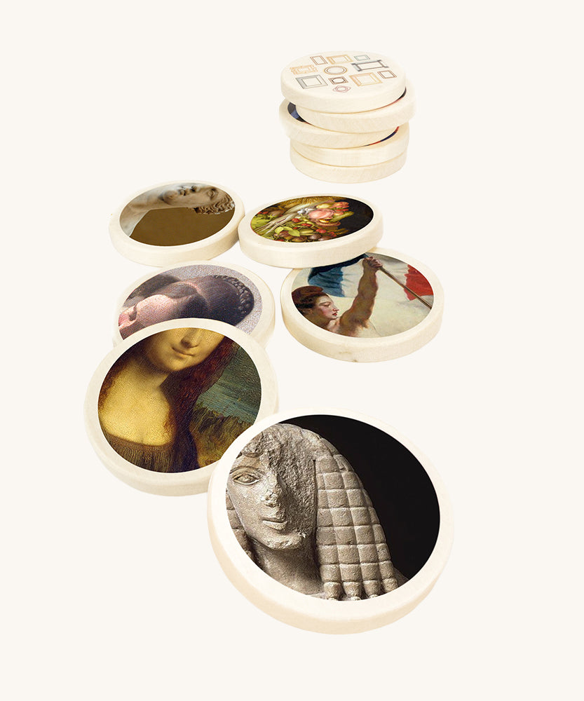 Bajo Faces of Art Memory Game. A set of 32 wooden discs featuring 16 different pieces of art. These heirloom quality toys by Bajo are part of a wide range of wooden toys available here at Babipur.