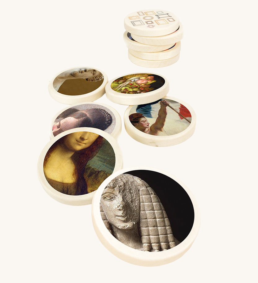 Bajo Faces of Art Memory Game. A set of 32 wooden discs featuring 16 different pieces of art. These heirloom quality toys by Bajo are part of a wide range of wooden toys available here at Babipur.