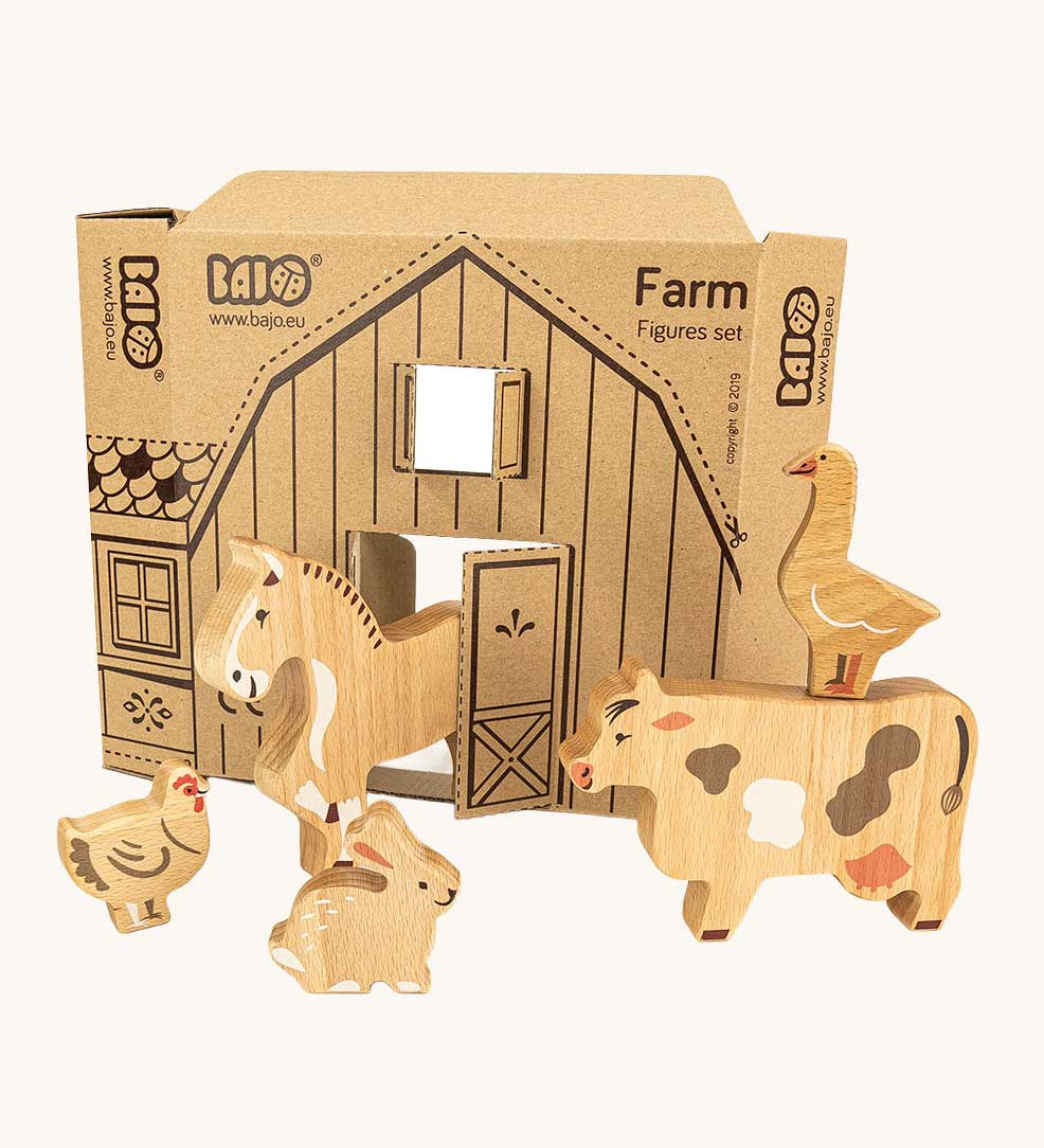 Bajo The Farm wooden animal figures toy set. These heirloom quality toys by Bajo are part of a wide range of wooden toys available here at Babipur. 