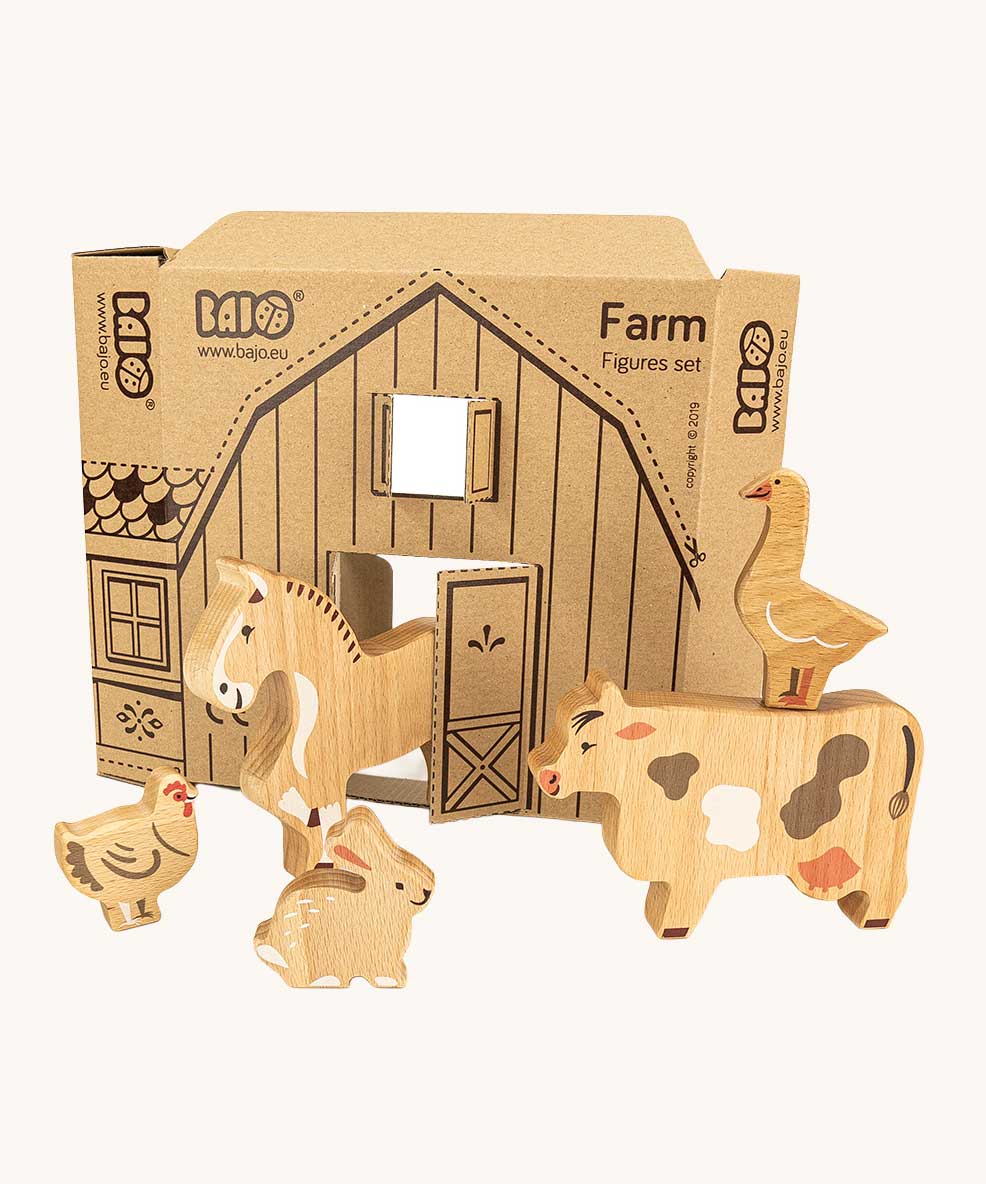 Bajo The Farm wooden animal figures toy set. These heirloom quality toys by Bajo are part of a wide range of wooden toys available here at Babipur. 