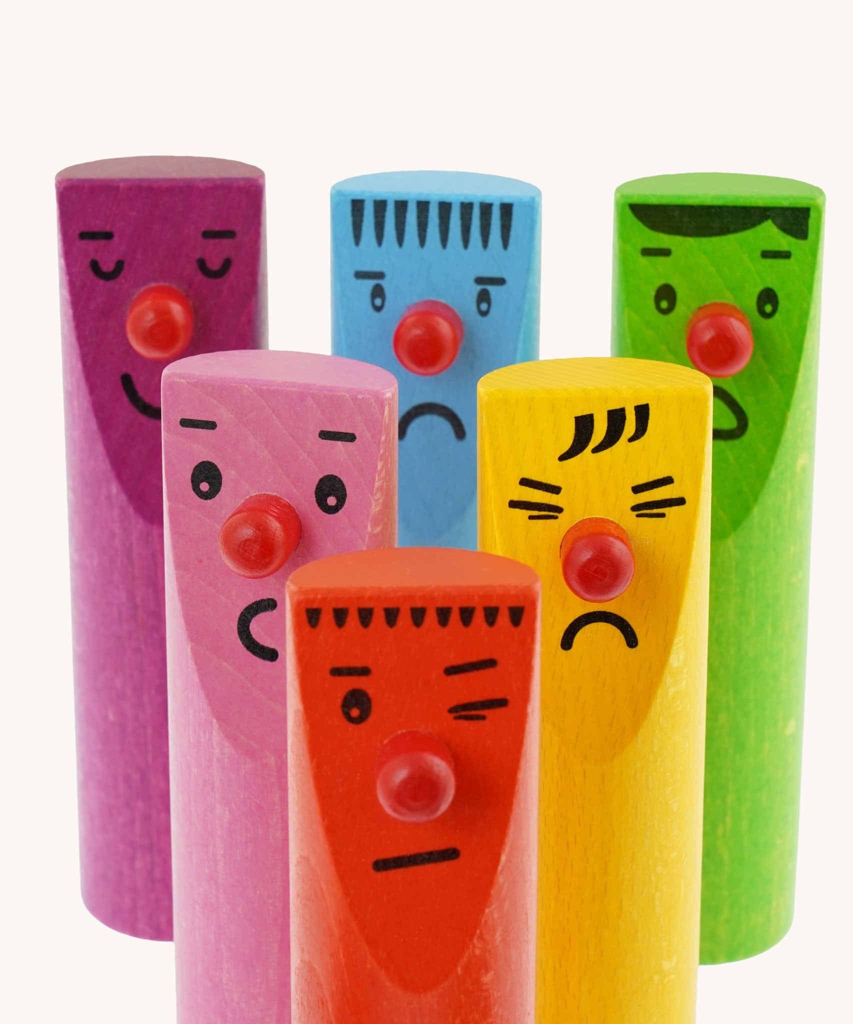 Bajo Fellow Skittles wooden toy game. Six coloured wooden skittles decorated with faces and red noses.   These heirloom quality toys by Bajo are part of a wide range of wooden toys available here at Babipur.