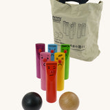 Bajo Fellow Skittles wooden toy game. Six coloured wooden skittles decorated with faces with red noses. The set comes with two wooden balls.  These heirloom quality toys by Bajo are part of a wide range of wooden toys available here at Babipur.