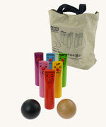 Bajo Fellow Skittles wooden toy game. Six coloured wooden skittles decorated with faces with red noses. The set comes with two wooden balls.  These heirloom quality toys by Bajo are part of a wide range of wooden toys available here at Babipur.