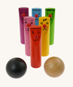 Bajo Fellow Skittles wooden toy game. Six coloured wooden skittles decorated with faces with red noses. The set comes with two wooden balls.  These heirloom quality toys by Bajo are part of a wide range of wooden toys available here at Babipur.