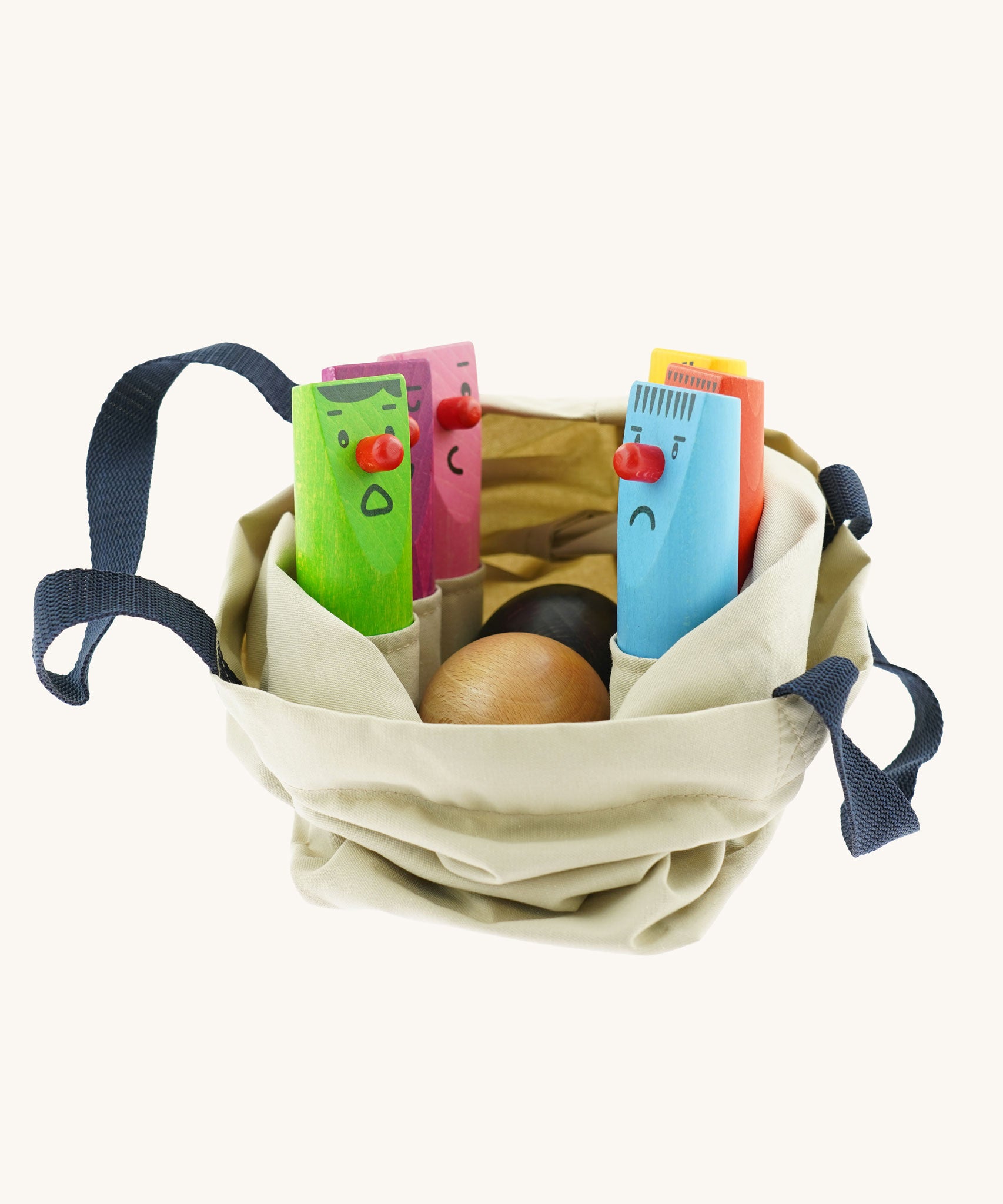 Bajo Fellow Skittles wooden toy game. Six coloured wooden skittles decorated with faces with red noses. The set comes with two wooden balls.  These heirloom quality toys by Bajo are part of a wide range of wooden toys available here at Babipur.