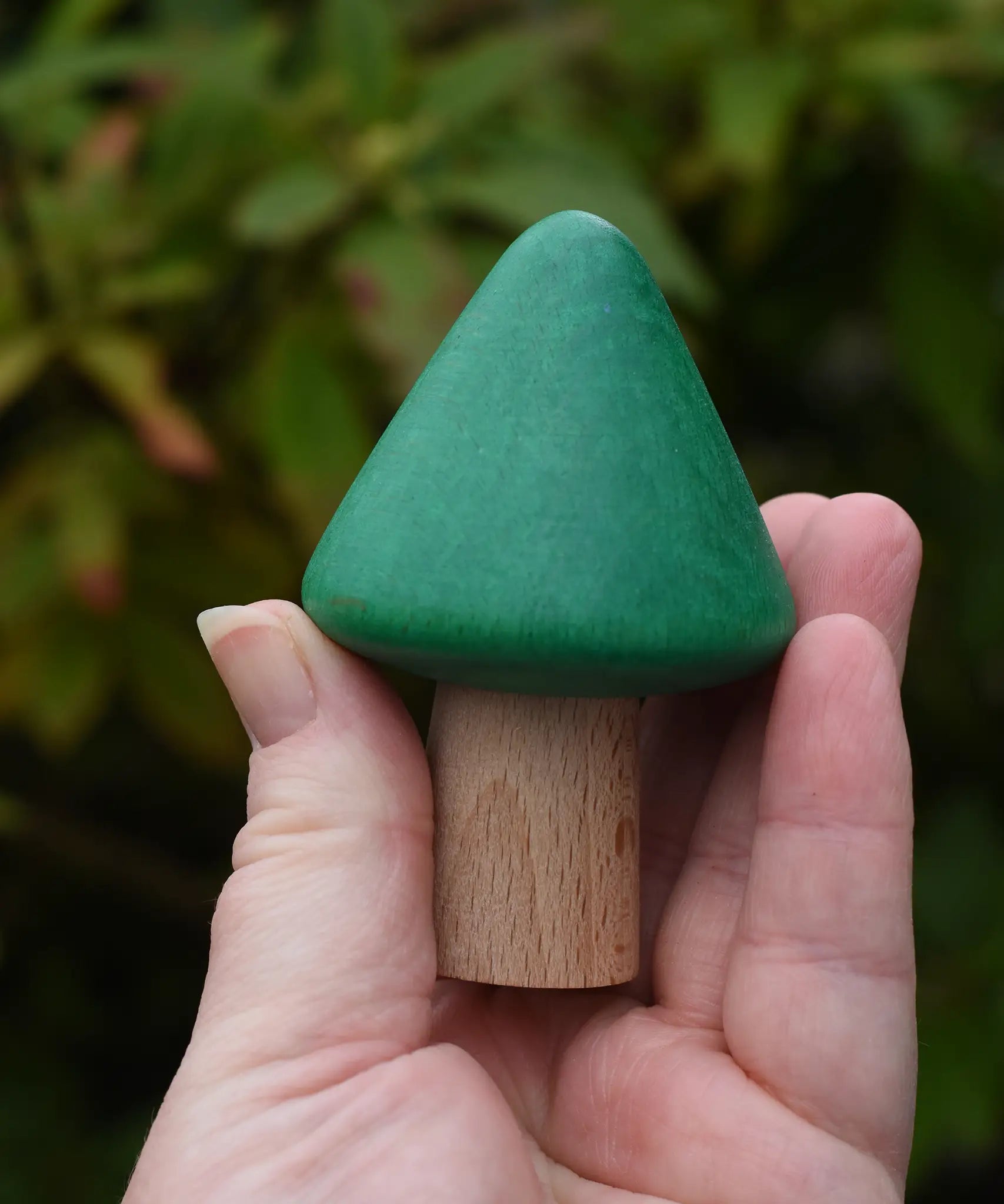 Small green conical tree from the Bajo green forest tree set in a adult's hand.