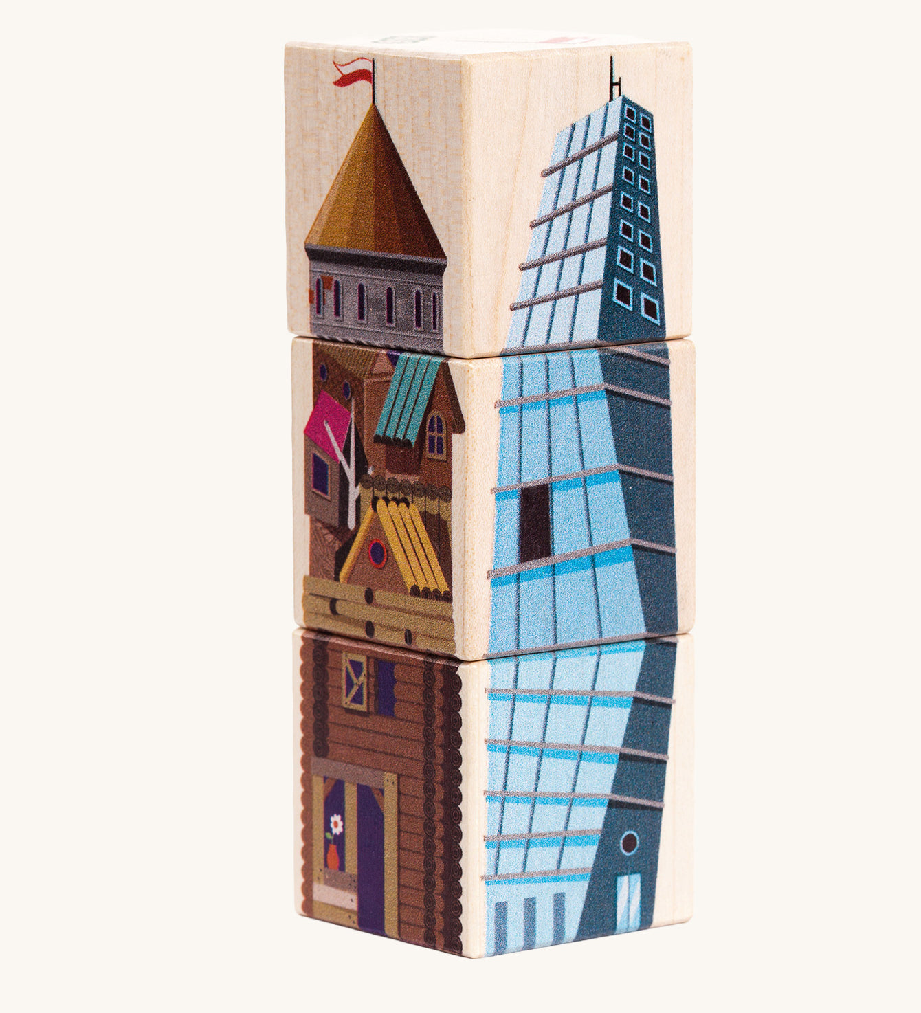 Bajo four towers dragon turning blocks. Three wooden blocks that are attached to each other.  Each side features an illustration of a tower.