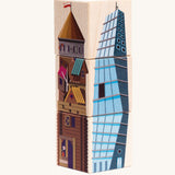 Bajo four towers dragon turning blocks. Three wooden blocks that are attached to each other.  Each side features an illustration of a tower.