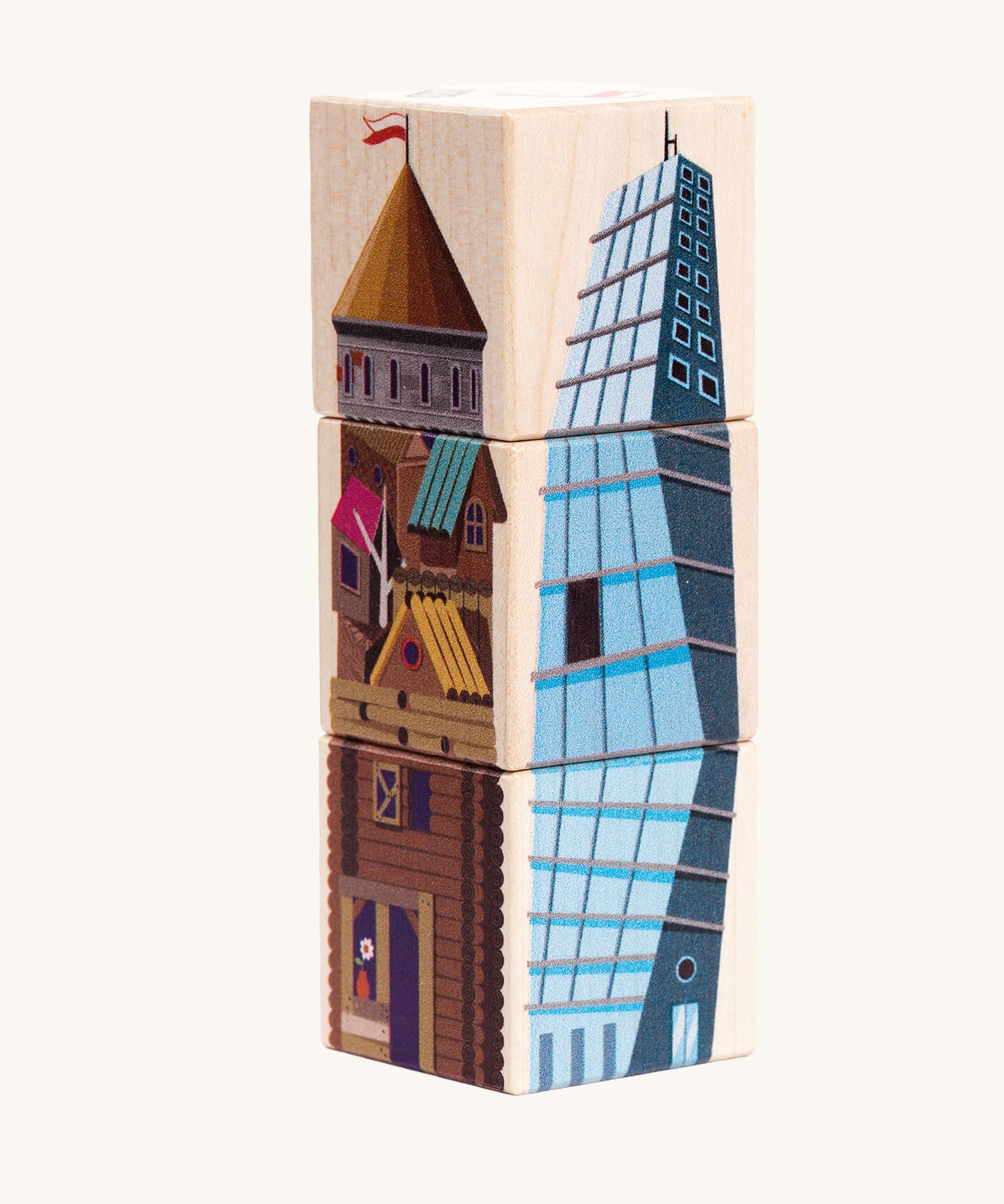 Bajo four towers dragon turning blocks. Three wooden blocks that are attached to each other.  Each side features an illustration of a tower.