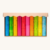 Bajo wooden fractions set early maths learning. Colourful wooden cylinders split into fractions from 1 whole to 1/10 shown in a cardboard packaging box.