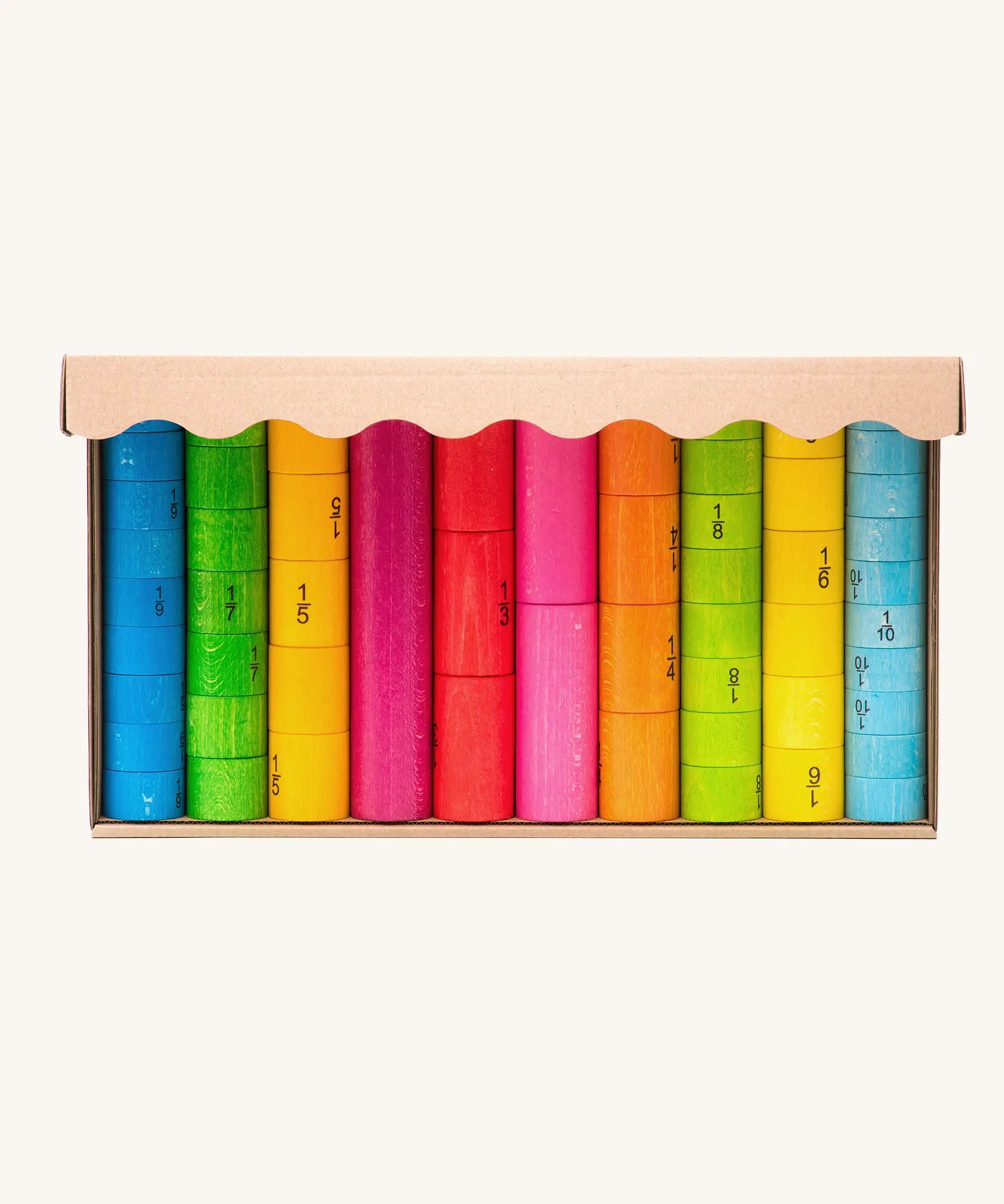 Bajo wooden fractions set early maths learning. Colourful wooden cylinders split into fractions from 1 whole to 1/10 shown in a cardboard packaging box.