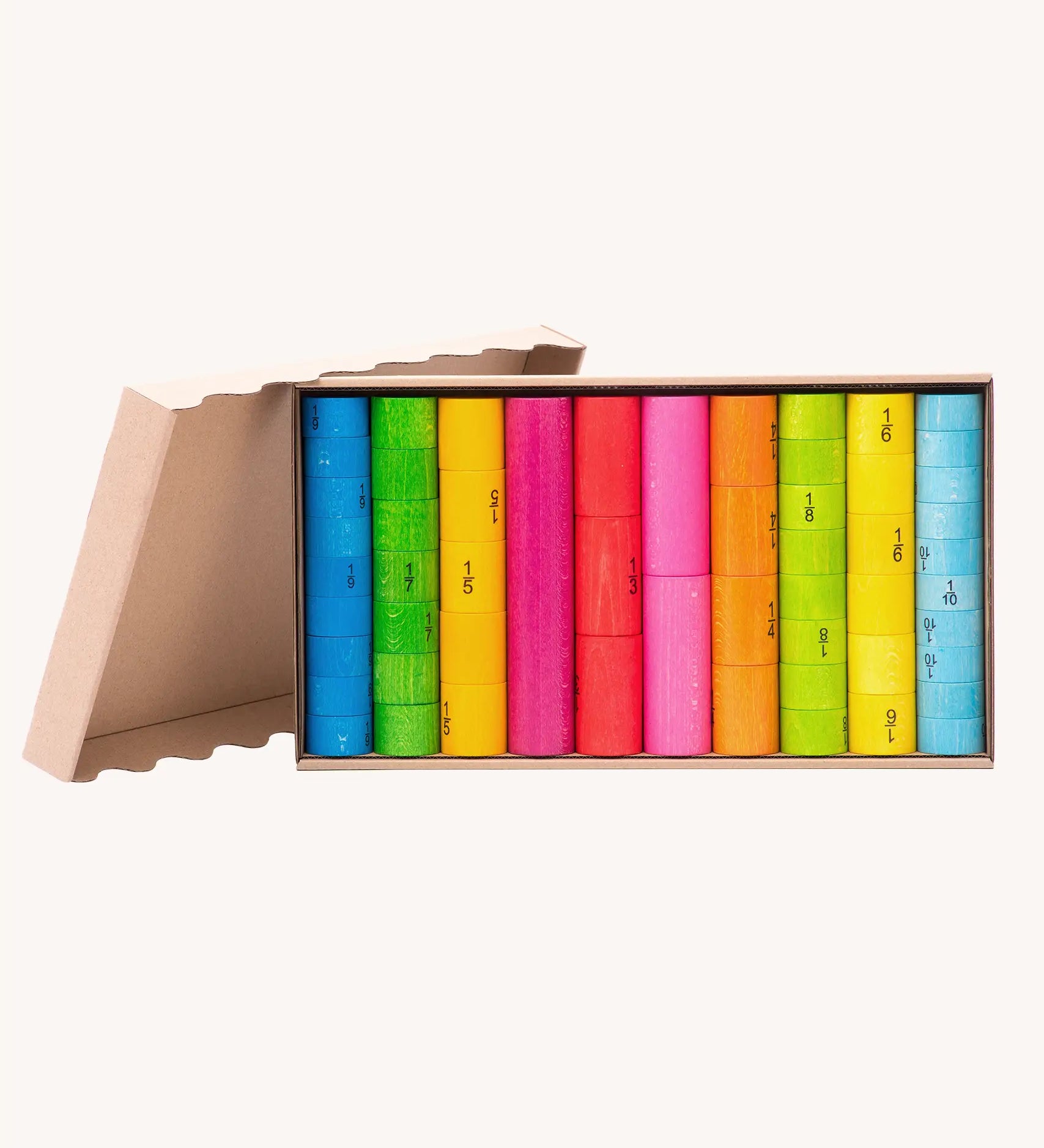 Bajo wooden fractions set early maths learning. Colourful wooden cylinders split into fractions from 1 whole to 1/10 shown in a cardboard packaging box.