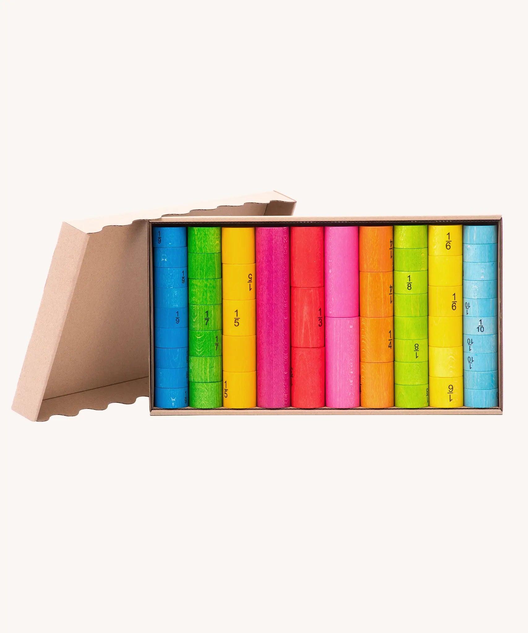 Bajo wooden fractions set early maths learning. Colourful wooden cylinders split into fractions from 1 whole to 1/10 shown in a cardboard packaging box.