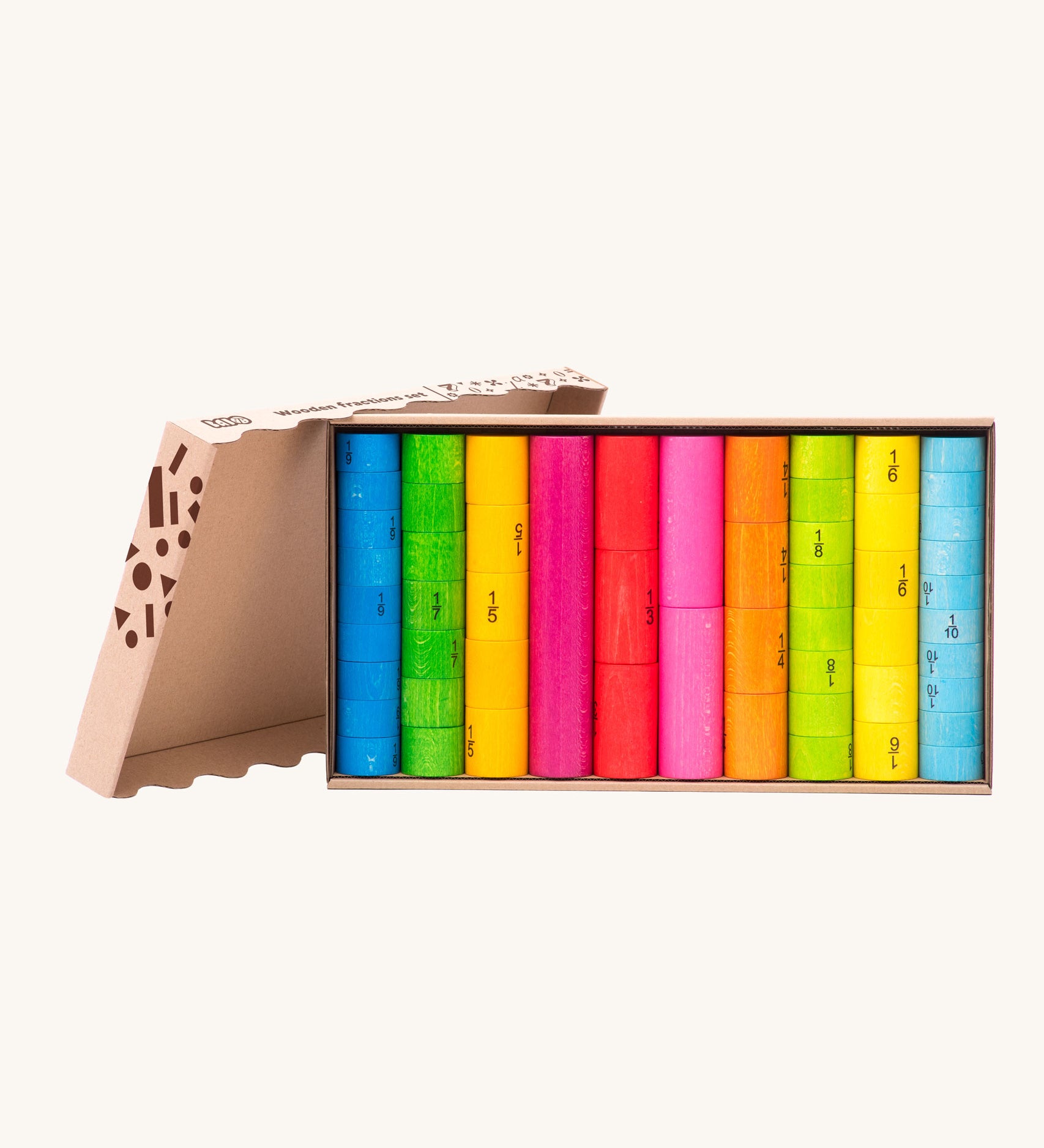 Bajo Fractions Set. A set of coloured wooden blocks marked with fractions on each block. These heirloom quality toys by Bajo are part of a wide range of wooden toys available here at Babipur.