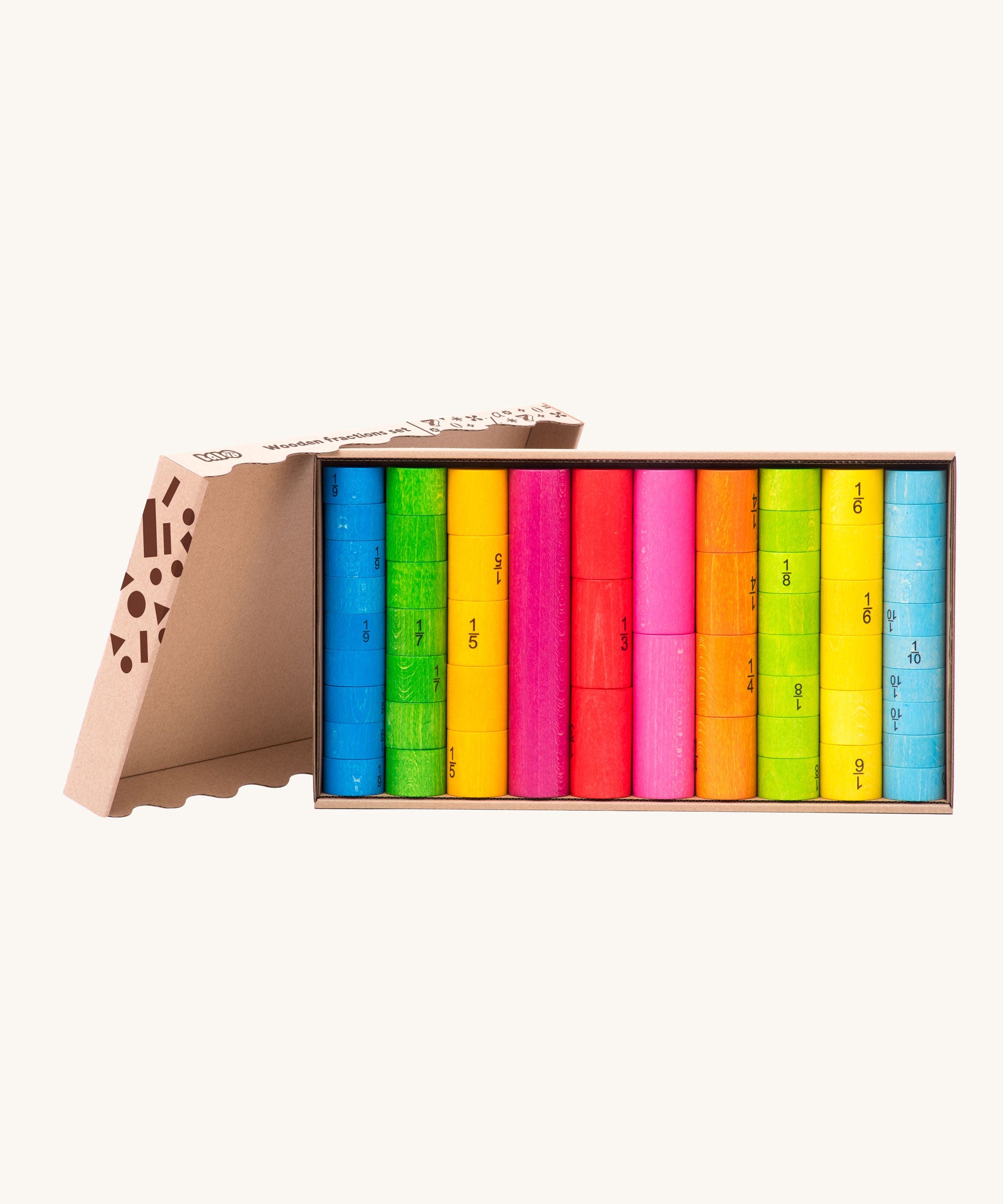 Bajo Fractions Set. A set of coloured wooden blocks marked with fractions on each block. These heirloom quality toys by Bajo are part of a wide range of wooden toys available here at Babipur.