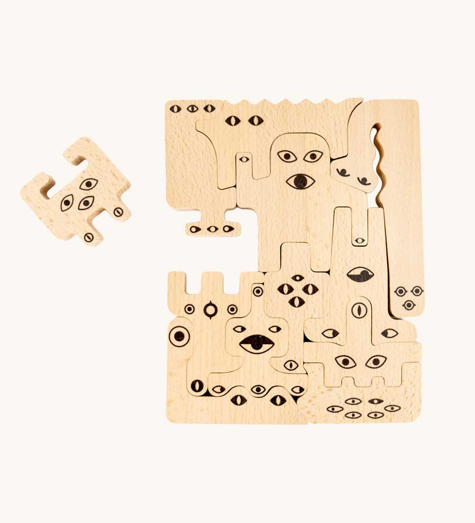 Bajo Friendly Monsters Puzzle and Figures, shown on the natural side. These heirloom quality toys by Bajo are part of a wide range of wooden toys available here at Babipur. 