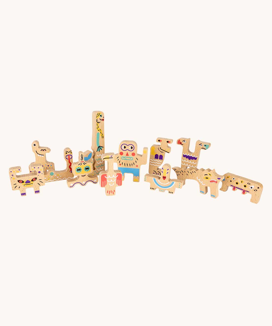 Bajo Friendly Monsters Puzzle and Figures. All the figures have been lined up next to each other. These heirloom quality toys by Bajo are part of a wide range of wooden toys available here at Babipur. 