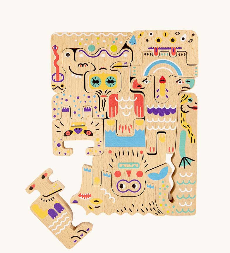 Bajo Friendly Monsters Puzzle and Figures, shown on the colourful side. These heirloom quality toys by Bajo are part of a wide range of wooden toys available here at Babipur. 