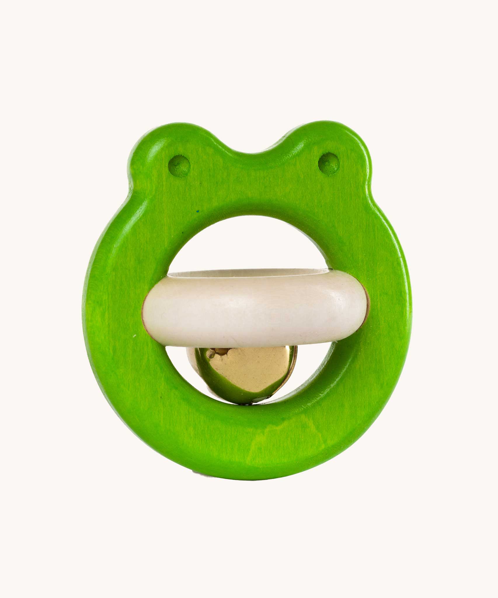 Bajo green Frog Rattle wooden baby toy. A green wooden frog shaped circular frame with a small natural wooden ring with bell attached inside.
