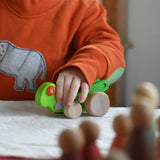 A child playing with the Bajo green Grasshopper wooden toy. These heirloom quality toys by Bajo are part of a wide range of wooden toys available here at Babipur.