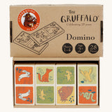 Bajo Wooden Gruffalo Domino Game with the domino's at in the box, and the lid above, on a cream background