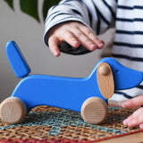 Bajo blue dachshund puppy being petted by a child in the Babipur playroom. 