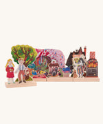 Bajo Toys Hansel and Gretel Wooden Theatre play set. Wooden base pieces and Hansel and Gretel themed scenery that scenery lot into them.