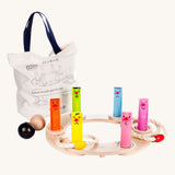 Bajo Fellow Hoopla Game Set. A traditional style wooden game set that can be used for hoopla and skittles. These heirloom quality toys by Bajo are part of a wide range of wooden toys available here at Babipur.