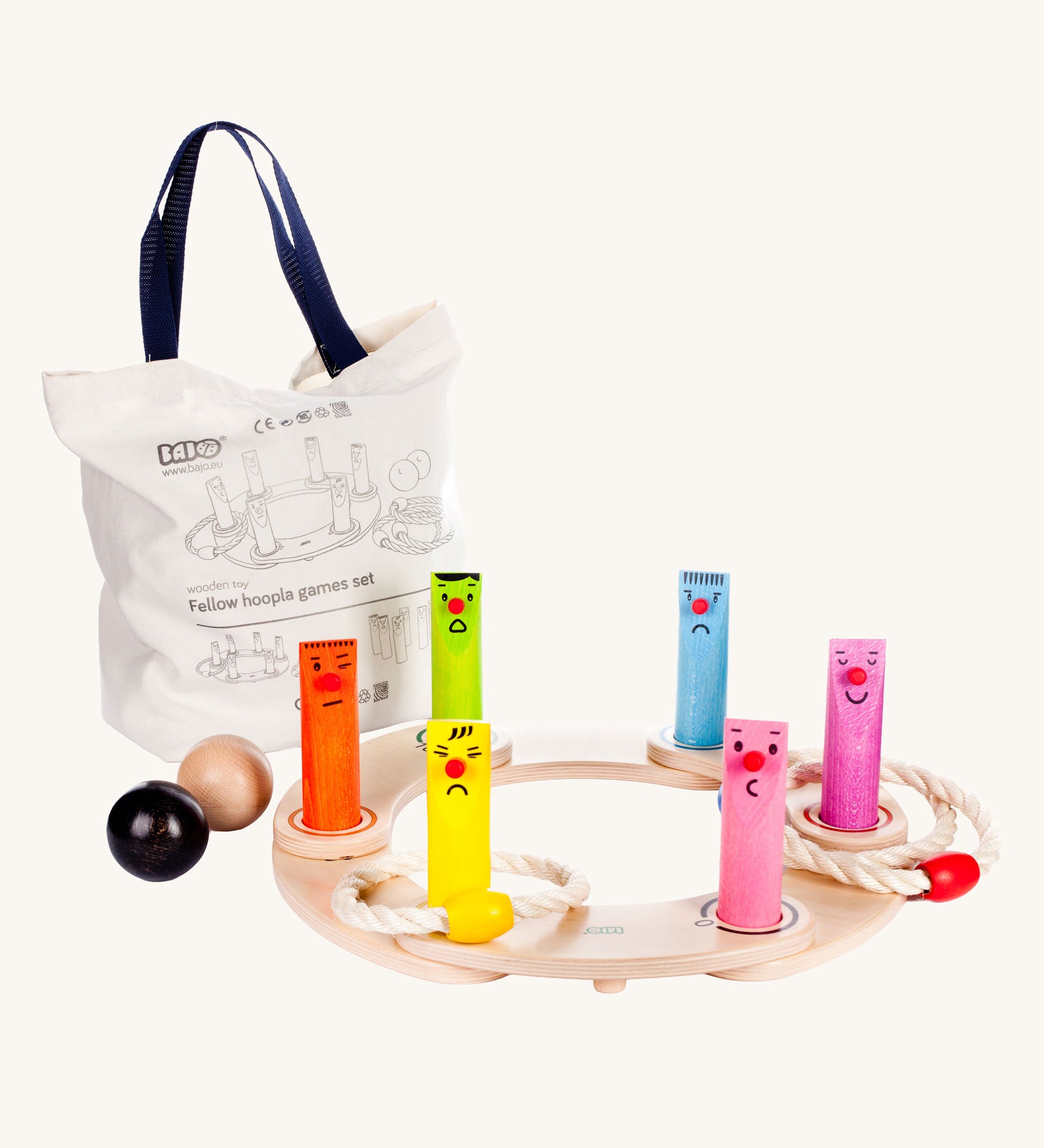 Bajo Fellow Hoopla Game Set. A traditional style wooden game set that can be used for hoopla and skittles. These heirloom quality toys by Bajo are part of a wide range of wooden toys available here at Babipur.