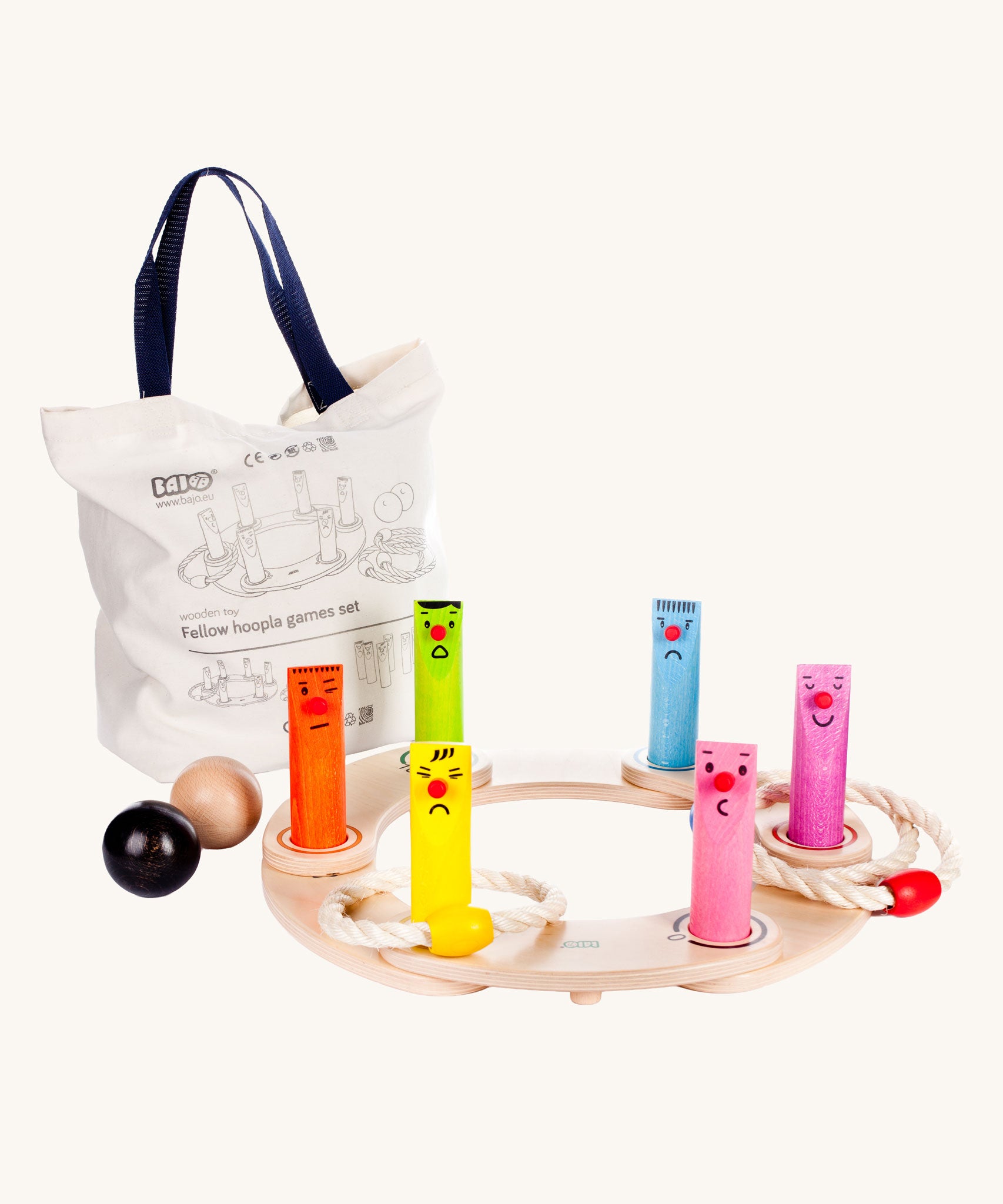 Bajo Fellow Hoopla Game Set. A traditional style wooden game set that can be used for hoopla and skittles. These heirloom quality toys by Bajo are part of a wide range of wooden toys available here at Babipur.