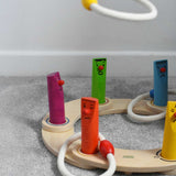 Bajo Fellow Hoopla Game Set. A traditional style wooden game set that can be used for hoopla and skittles. These heirloom quality toys by Bajo are part of a wide range of wooden toys available here at Babipur.