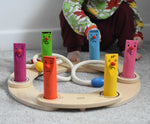 Bajo Fellow Hoopla Game Set. A traditional style wooden game set that can be used for hoopla and skittles. These heirloom quality toys by Bajo are part of a wide range of wooden toys available here at Babipur.