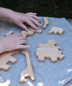 Child's hand slotting the animal shaped pieces from the Bajo jungle puzzle back together.