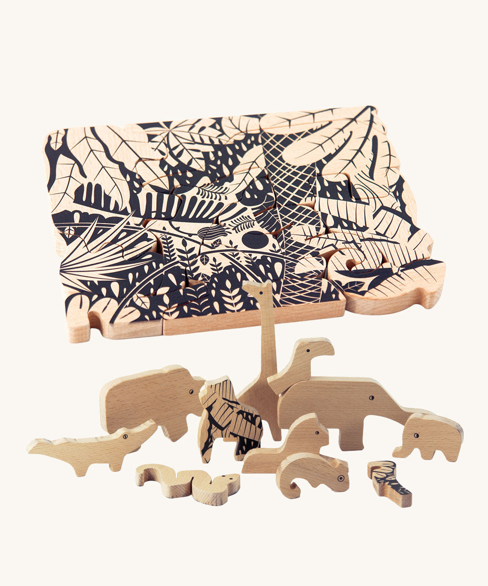 Bajo Jungle Puzzle with a Black print. The animal shaped pieces have been placed in front of a completed puzzle.  These heirloom quality toys by Bajo are part of a wide range of wooden toys available here at Babipur. 