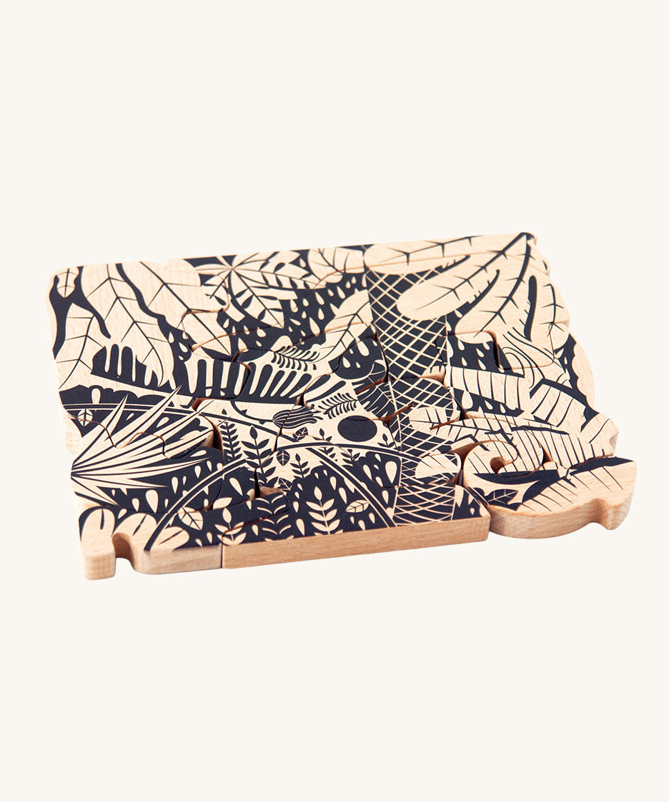 A completed Bajo wooden jungle toy puzzle.  These heirloom quality toys by Bajo are part of a wide range of wooden toys available here at Babipur. 
