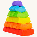 2 colourful towers made from Bajo plastic-free wooden rainbow toy blocks