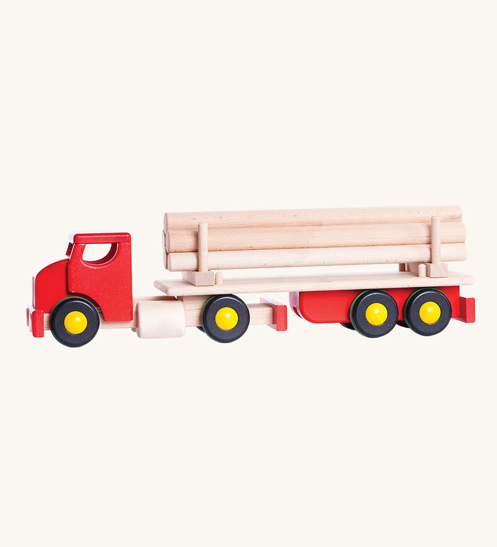 Bajo Large Red Cargo Truck shown with wooden log sticks on the trailer.