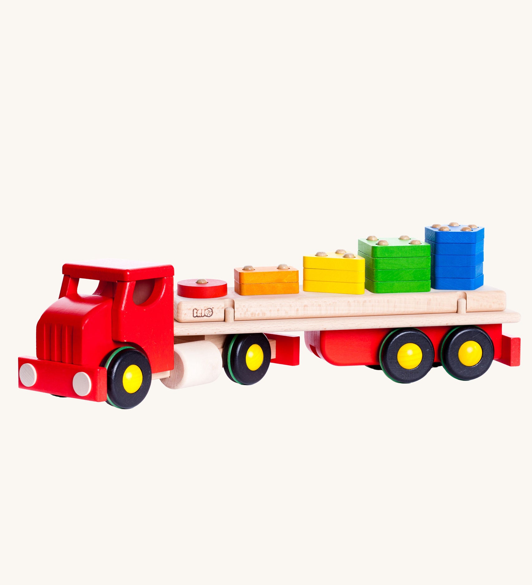 Bajo Large Red Cargo Truck. A truck an trailer with stacking shapes on the back of the trailer. 