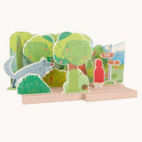 Bajo Little Red Riding Hood Wooden Theatre. The pieces from this set can be placed where desired on the wooden base. Perfect for mall world play and reenactments of a classic story. 